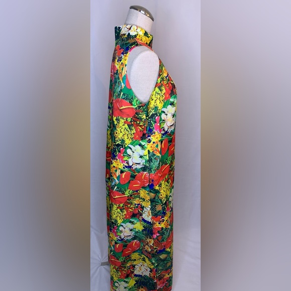 Vintage Floral Maxi Dress XL colorful Hawaiian 2 piece set high neck cutout neck - Picture 4 of 16